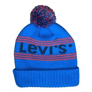 Levi’s Knit Stacks Spellout Logo Pom Beanie Winter Hat Blue